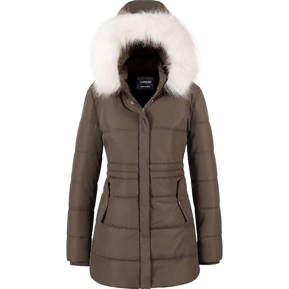 Women's Brown Winter Warm Long Drawstring Waterproof Snow Puffer Jacket